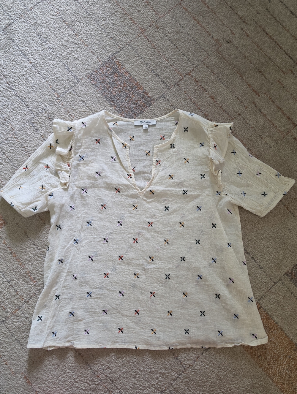 Madewell Embroidered Blouse Small Ivory Flutter Sleeve Boho Top